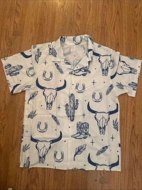 Men's White Short-Sleeve Western Print Shirt